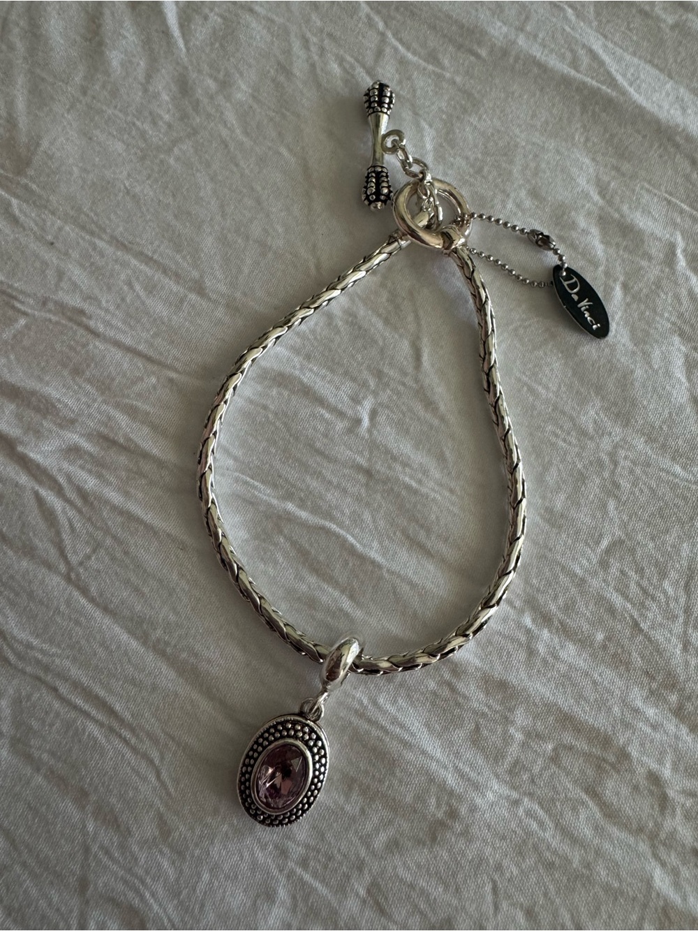 Silver-tone Bracelet with Pink Alexandrite colored Oval Pendant